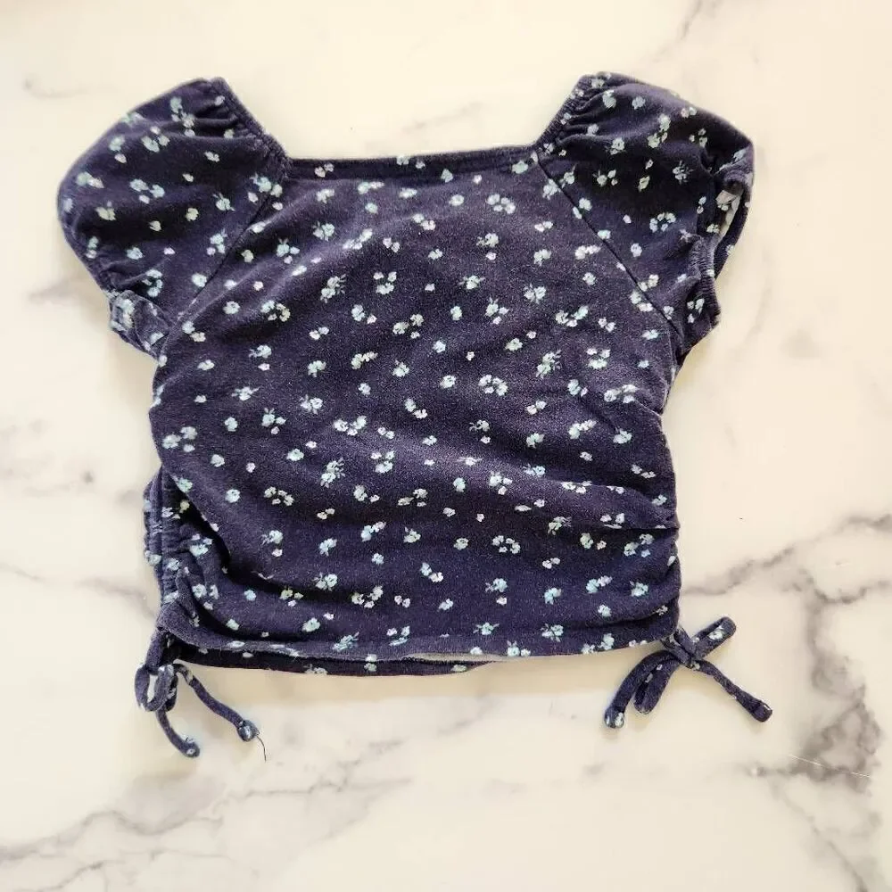 Justice xs girls blue cotton cottage crop top ruched sides short sleeve y2k